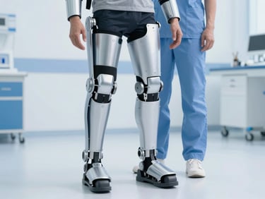Wide clinical environment, patient wearing exoskeleton guided by therapist, soft clinical daylight, crisp focus, cool blue ambient highlights