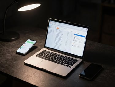 Wide overhead shot of a dark desk with a laptop open showing a CRM pipeline dashboard, phone beside it displaying a WhatsApp thread with unread messages, harsh single-source downlight creating a spotlight effect on the screens, deep black background, no people visible