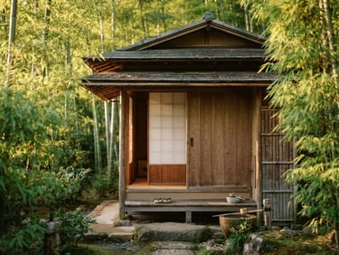 Close-up of a minimalist wooden tea house pavilion in Kyoto, surrounded by soft green bamboo, warm golden-hour light