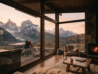 A modern architectural luxury lodge with floor-to-ceiling glass windows overlooking dramatic mountain peaks in Patagonia, soft natural light