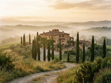 Wide shot of a historic stone villa in Tuscany surrounded by cypress trees, soft golden-hour mist, 35mm