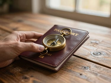 Close-up of a hand holding an elegant leather passport cover and vintage brass compass over a rustic wooden table, soft golden-hour window light, shallow depth of field.