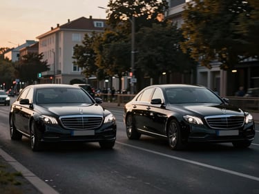 Two pristine black executive sedans in a discreet convoy, driving through a European capital at golden hour, cinematic wide shot.