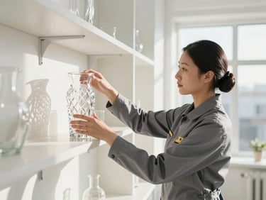 A professional cleaner in a neat slate gray uniform carefully placing a crystal vase on a minimalist shelf, bright natural daylight, crisp clean interior, 35mm lens