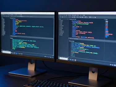 Macro shot of dual monitors displaying running Python scripts and network security terminals, cool blue studio lighting with subtle gold accents, sharp focus, 50mm lens