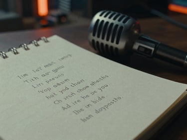 Close-up of a notepad with lyrics, a vintage microphone in the background, gritty urban landscape blurred in distance, low-key lighting.