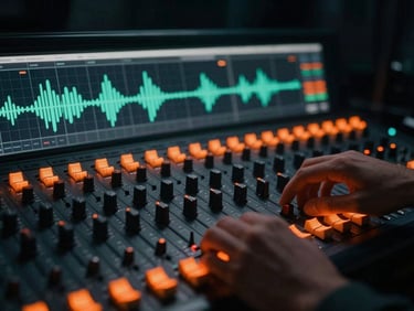 Macro shot of soundwaves on a digital audio workstation, hands on a mixing console, dramatic backlighting with orange glow.