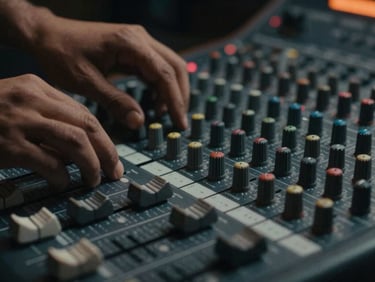 Close-up of Umar Bari's hands on an analog mixing console, faders and knobs in sharp focus, under moody, low-key studio light with a hint of neon orange glow.
