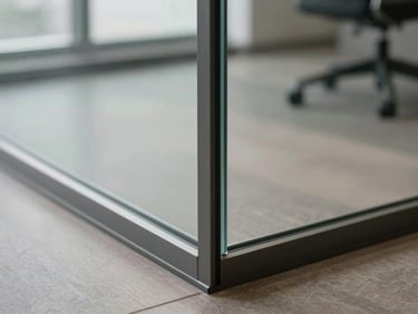 Close-up detail shot of a frameless glass partition panel join in a modern office, light passing cleanly through the glass, metal trim visible at the edge, overcast natural light, warm gray floor beneath, precise and clean framing