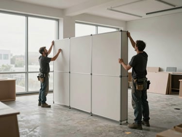 Close-up wide shot of an office installation in progress — two workers positioning a modular partition panel in a bright empty room, natural overcast daylight through floor-to-ceiling windows, concrete floor, unpacked furniture nearby, spatial relationships of the room clearly visible, calm matter-of-fact atmosphere