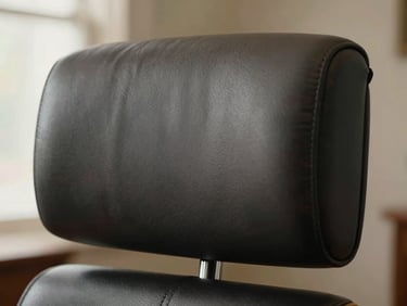 Close-up of a presidential executive chair headrest detail, deep charcoal leather with contrast stitching, solid chrome base partially visible below, soft north-facing daylight, controlled studio atmosphere, material close-up