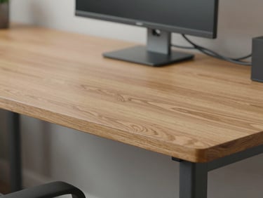 Close-up environmental shot of a clean wooden office desk surface with a monitor arm and tidy cable management, soft overcast daylight from the side, warm wood grain texture visible, matte metal leg detail in foreground, no people