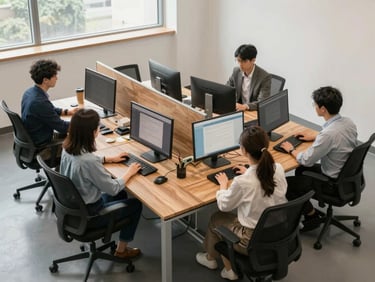 Wide shot of a four-person open-plan workstation cluster in a real office, warm wood tops with shared central divider panel, monitors and keyboards in use, diffuse natural window light, neutral grey floor, viewed slightly from above to show spatial layout