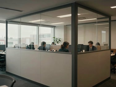 Interior shot of a mixed-material partition combining glass upper panels and solid lower section in a contemporary office, natural light entering through the glass band, people working at desks visible through the glass, warm neutral tones, overcast daylight