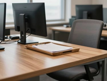 Close-up environmental shot of a corporate workstation cluster — a clean wood-finish desk surface with a monitor and document tray, warm-gray upholstered chair tucked in, soft overcast office light from a nearby window, natural wood grain texture visible on the desk edge, no people