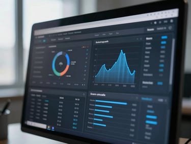 Macro close-up of a dark-mode data analytics dashboard on a high-resolution screen, cool-toned lighting, sharp reflections, 35mm lens