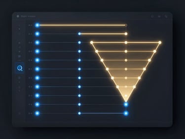 A high-fidelity dark UI panel showing multi-channel funnel workflows, glowing golden paths, neon blue nodes, minimal futuristic aesthetic