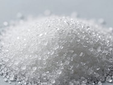 Macro overhead shot of pure white refined sugar crystals, clean industrial laboratory lighting, high detail texture.
