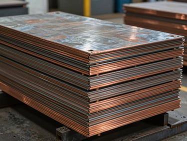 Stacked sheets of industrial steel and heavy copper cathodes in a warehouse, sharp technical framing