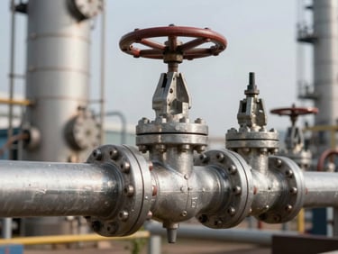 Close-up of industrial petroleum refinery pipes and steel valves, technical lighting