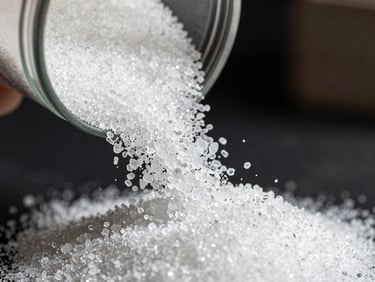 Macro shot of white refined sugar crystals ICUMSA 45 pouring into a container, high contrast daylight