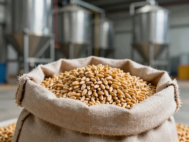 Macro shot of golden wheat grains overflowing from a canvas sack inside a clean modern grain elevator facility, dramatic side lighting.