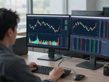 An over-the-shoulder view of a clean multi-monitor trading terminal displaying advanced candlestick charts and order flow data, cool diffused morning light, professional slate tones.