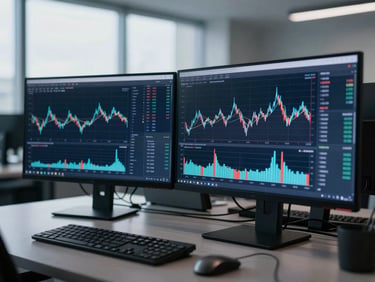Analytical workspace showing multi-monitor setup with clean charting software displaying order flow volume profiles, cool diffused office daylight, deep navy and slate tones.