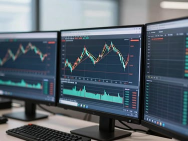 A close-up of a professional multi-monitor trading desk showing clean charting software with candlestick price action, cool diffused daylight, shallow depth of field, 35mm.
