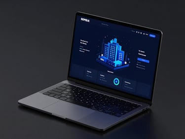 Sleek 3D render of a dark-themed property showcase website on a laptop, glowing indigo UI, high-contrast studio lighting, isometric angle.