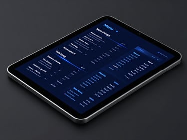 Sleek 3D render of a dark-themed digital menu display on a tablet, glowing indigo UI elements, high-contrast studio lighting, isometric angle.