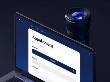 Sleek 3D render of a dark-themed medical website with appointment inquiry form on a desktop screen, glowing indigo UI, high-contrast studio lighting, macro lens.