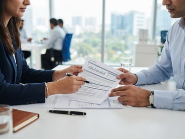 A professional business consultation in Hyderabad, close-up of hands reviewing official compliance documents on a clean desk, bright corporate blue and white tones