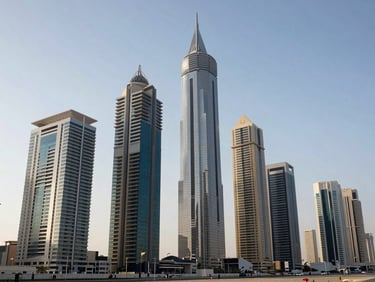 Wide-angle architectural view of Business Bay skyline in Dubai, bright direct desert daylight hitting modern office towers, high-contrast