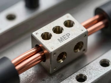 Macro close-up of high-spec MEP copper wiring and clean terminal blocks, sharp technical focus, direct industrial lighting, architectural steel background