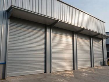 Wide angle architectural shot of automated industrial rolling shutters on a modern steel warehouse facade, sharp direct sunlight, metallic textures.
