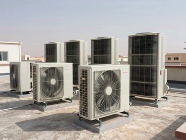 Wide panoramic view of heavy-duty industrial fan coil units and district cooling infrastructure on a clean concrete rooftop under bright desert daylight.