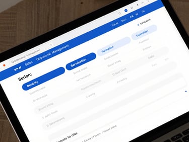 Angled close-up browser mockup of a salon and operational management software, displaying clean service schedules and sales commissions, sharp UI elements, royal blue accents.