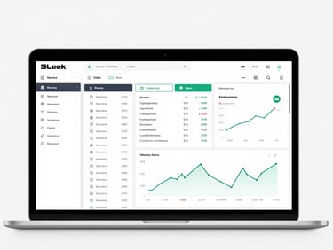 Sleek software dashboard displaying service orders, inventory alerts, and financial charts, clean white background, professional UI design.