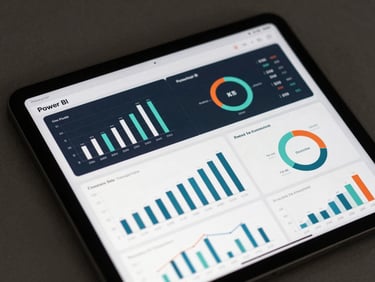 High-fidelity Power BI dashboard mockup on a sleek tablet screen, displaying clear operational KPIs, bar charts, and revenue metrics, crisp lighting, high contrast.