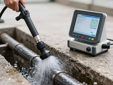 A professional high-pressure hydro-jetting nozzle clearing a clean sewer pipe line, sharp focus on modern diagnostic equipment.