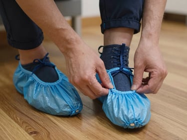 Close-up of a technician putting on clean blue protective shoe covers before stepping onto a hardwood floor.