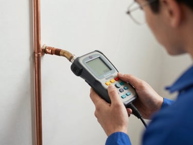 Clean uniformed technician using a modern electronic leak detector on a residential copper line, bright utility lighting.