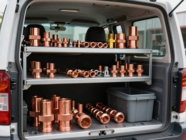 Interior of a pristine, organized service truck stocked with copper fittings and professional plumbing tools in bright light.