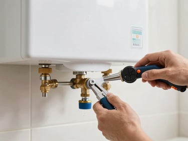 Close-up of hands using professional tools to flush a modern residential water heater tank, clean bright lighting.