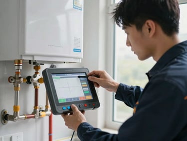 A technician in a branded uniform using a modern digital diagnostic screen to inspect a water heater, clean daylight.