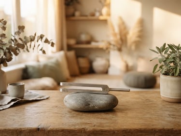 Wide panoramic shot of a serene studio space with soft diffused golden-hour daylight, a single therapeutic tuning fork resting on a smooth stone, botanical elements in soft focus, warm earthy sand and sage tones, 35mm lens, vibrational energy.