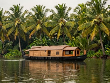 A traditional wooden Kettuvallam houseboat floating on calm, reflective backwaters, framed by lush green coconut palms under soft overcast monsoon light.