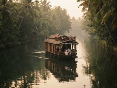 A private wooden houseboat gliding silently through the misty morning backwater canals of Kumarakom, soft golden hour light filtering through palms, warm editorial style.