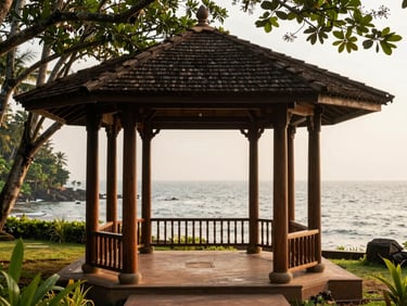 An open-air pavilion of a luxury heritage resort in Kovalam, looking out over a calm sea, warm late-afternoon light, elegant wooden architecture.